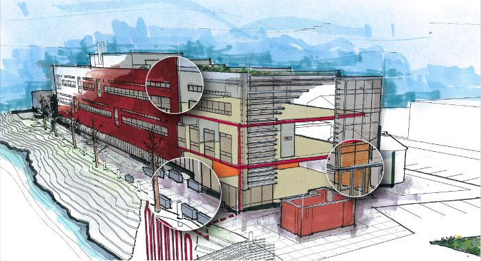 Center for Urban Waters building cutaway: materials and resources