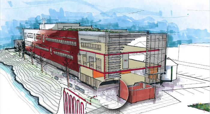 Center for Urban Waters building cutaway: pervious pavers