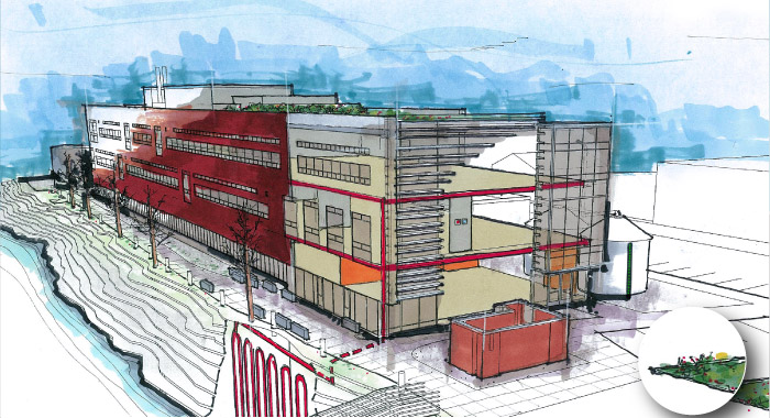 Center for Urban Waters building cutaway: rain garden