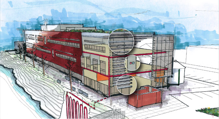 Center for Urban Waters building cutaway: solar shades
