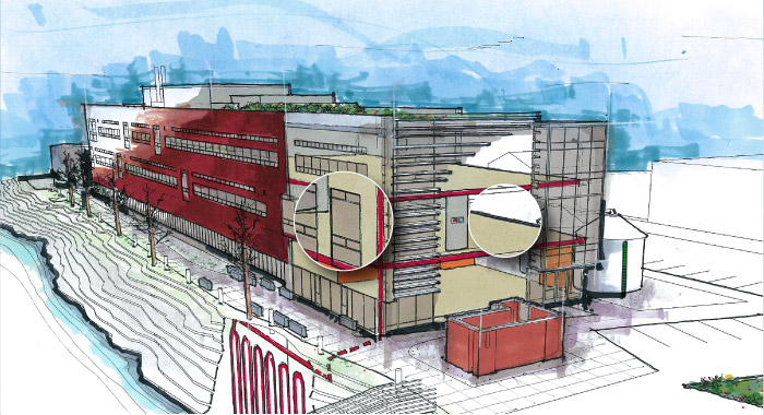 Center for Urban Waters building cutaway: materials