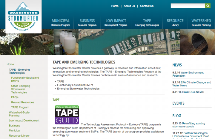 Screenshot of Washington Stormwater Center TAPE program page